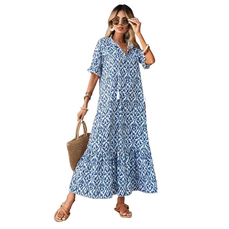 Women's Summer Chiffon V Neck Short Sleeve Floral Flowy A Line Maxi Dress Boho Flounce Tiered Swing Long Beach Dresses