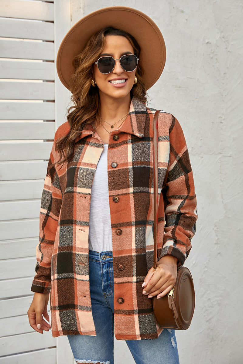 Orange Plaid Print Buttoned Shirt Jacket