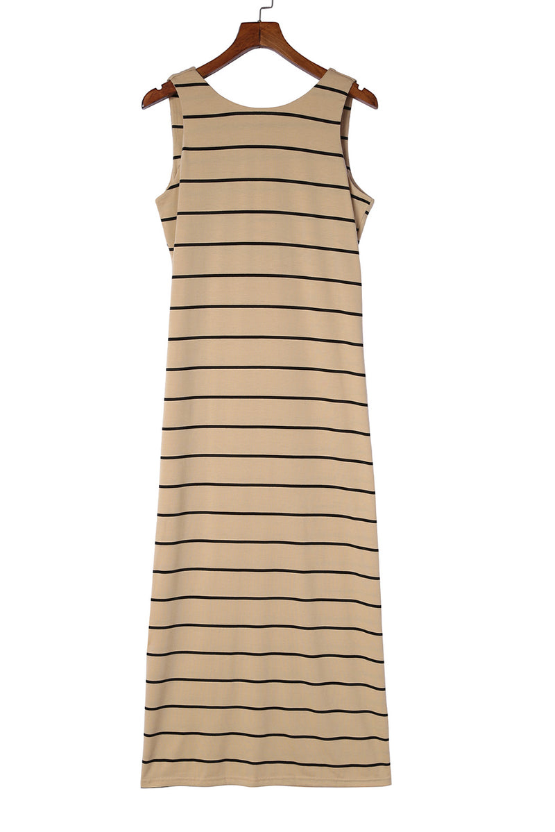 Women's Stripe Print Open Back Sleeveless Tank Maxi Dress with Slits