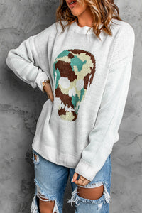 White Camo Skull Pattern Loose Knit Sweater