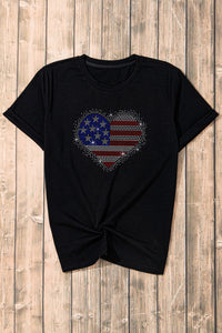 Black Rhinestone American Flag Heart Shape Graphic T Shirt