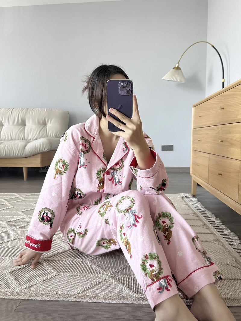 100% Cotton Pajamas for Women Loose Cartoon Long Sleeve Pants Loungewear Women 2 Piece Set Pj Women Outfit Sleepwear Set Pijamas