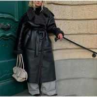 Women Black Lamb Wool Patchwork Leather Overcoat Fashion Lapel High Waist Pockets Jacket With Belt Winter Lady Street Warm Coats