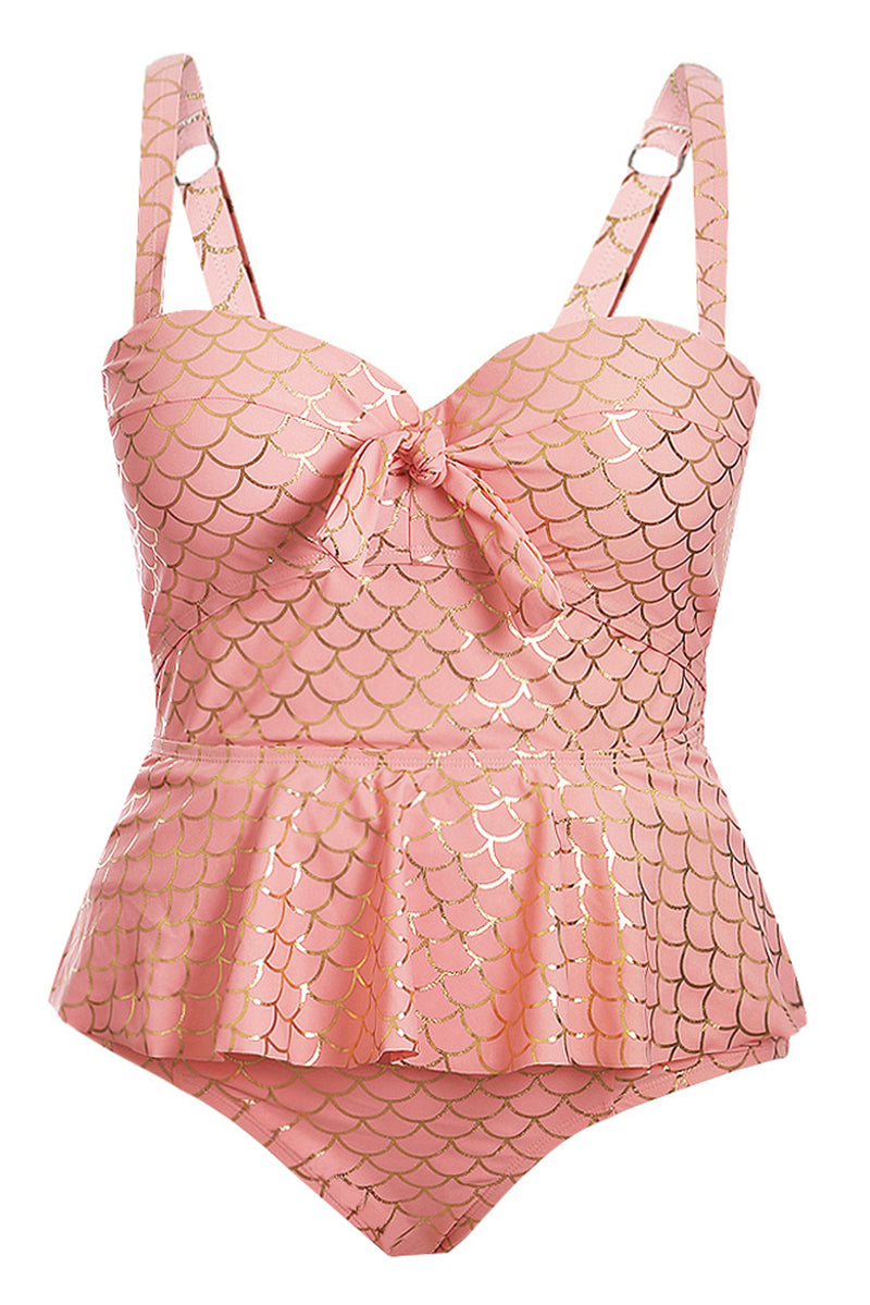 Pink Plus Size Halter Neck Peplum Tankini