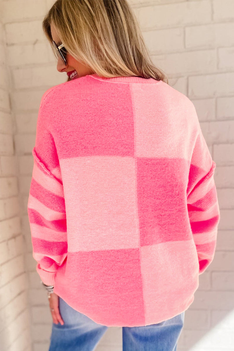 Pink Checkered Colorblock Striped High Low Loose Sweater