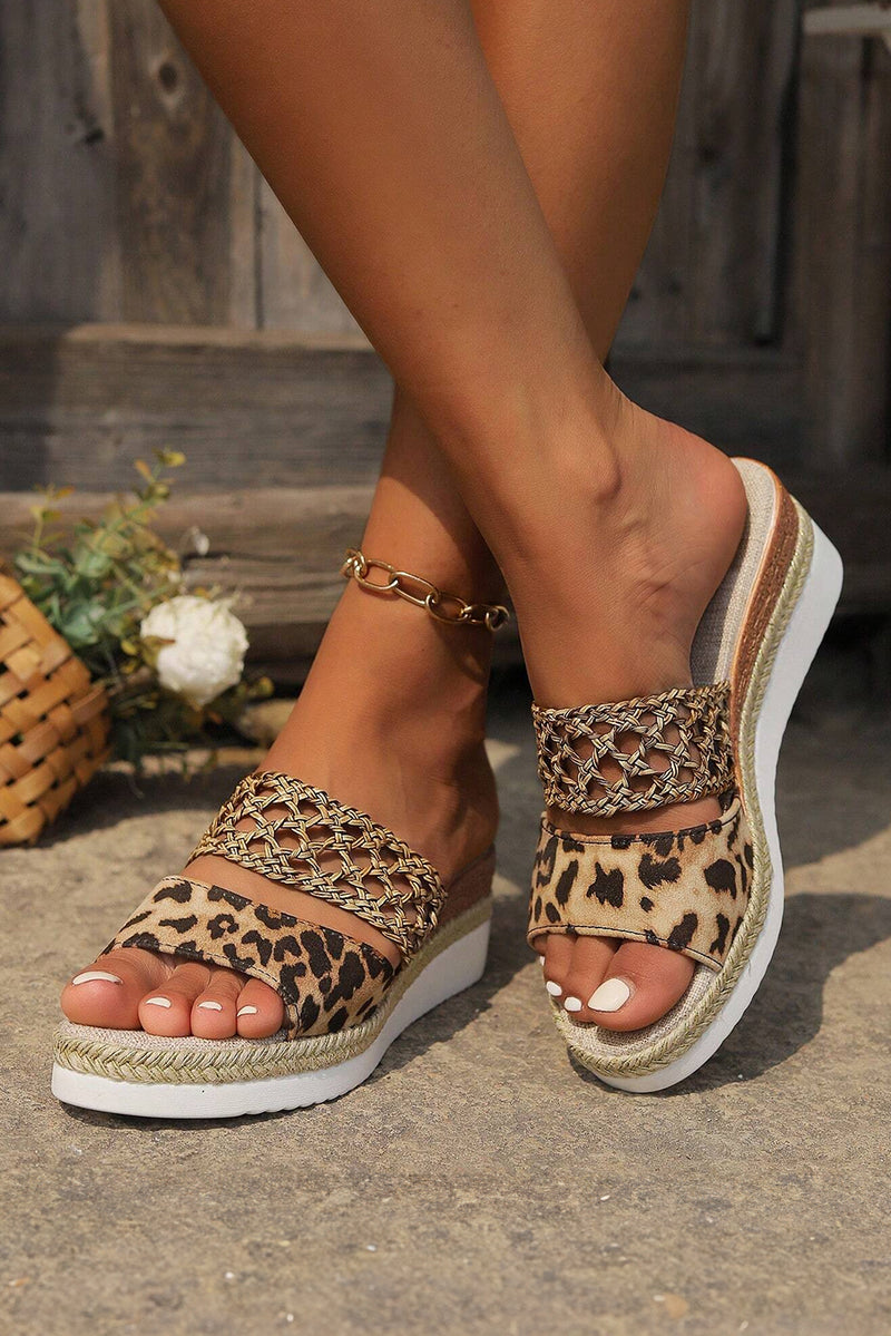 Chestnut Leopard/Floral Print Braided Details Wedge Slippers