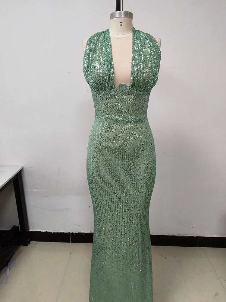 Sexy Halter Deep V Neck Sequins Maxi Dress Women Green Sleeveless Backless Sequined Slim Long Dresses Celebrity Party Gowns