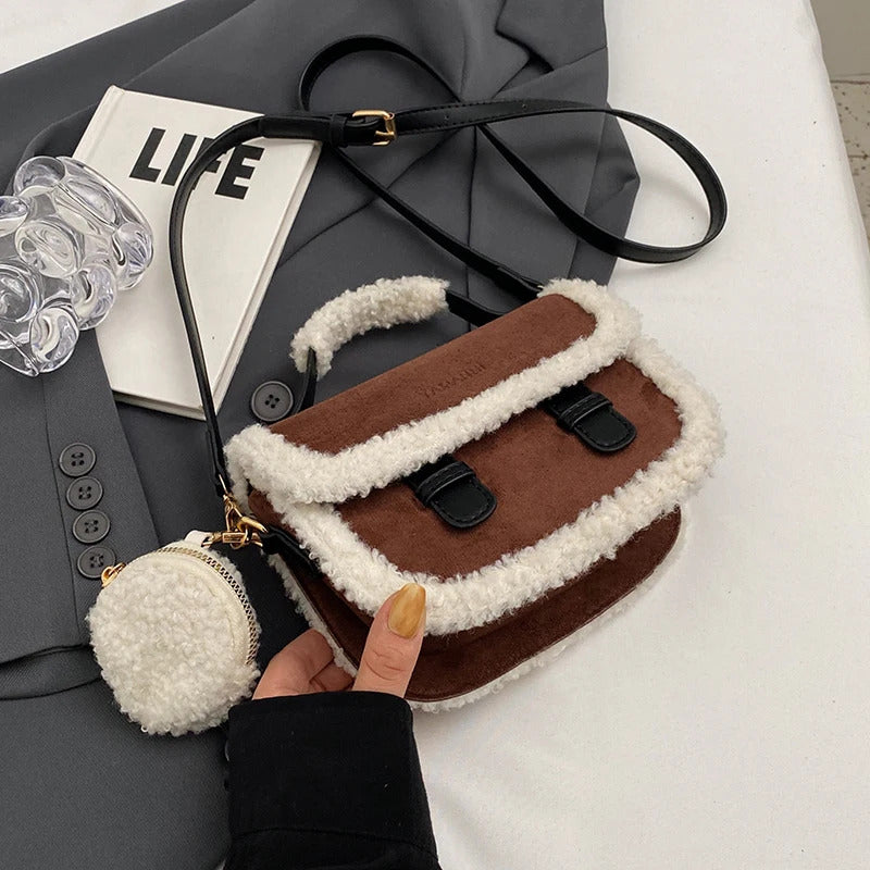 2023 Winter New Women's Plush Small Square Bag Color Contrast Design Single Shoulder Crossbody Bag Brown Handbag