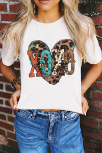 White XOXO Heart Shaped Crew Neck Graphic Tee