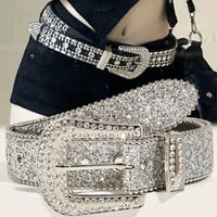 Y2K Women Fashion Solid Print Studded Full Rhinestone Belt PU Leather Bling Crystal Adjustable Glitter Waistband for Club Party