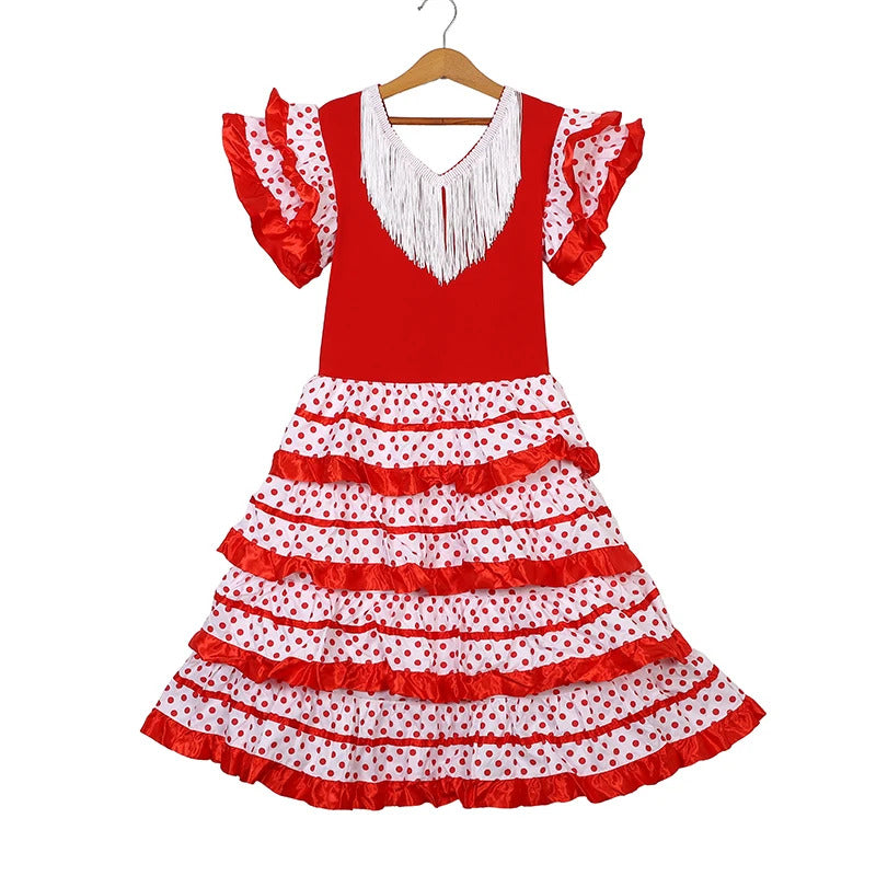 Dress Women 2024 Europe America Short Sleeve Midi Dress Traditional Spanish Dance Dress For Girls Festival Tassel Dot Dress