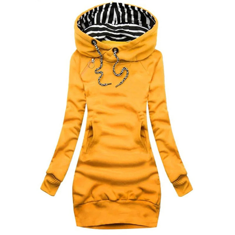 Hoodie Dress Casual Solid Colour Long Sleeve Drawstring Hoodie Dress Slim Hooded Pullover Sweatshirt Dress