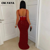 CM.YAYA Women Mesh Velvet Diamonds Sleeveless Strap Bodycon Maxi Dress Sequine Birthday Sexy Party Evening Vestidos Long Dresses