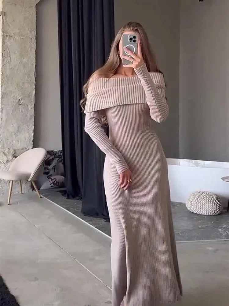 Tossy Fashion Knit Long Dress Off-Shoulder Female Ribbed Loose High Waist Elegant Autumn Party Dress Ladies Knitwear Maxi Dress