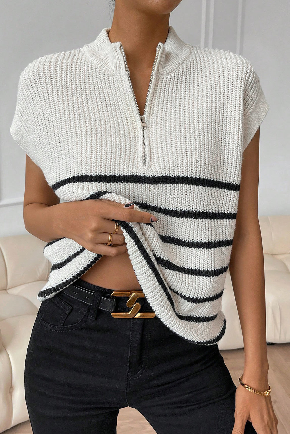 White Stripe Half Zip Split Stand Neck Sweater T-shirt