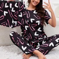 Women's Short Sleeve Crew Neck Top With Shorts And Pants 3 Piece Loungewear Sleepwear Lounge Sets Nighty Print Casual Pajama Set