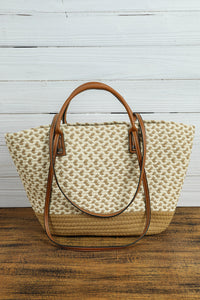 Beige Contrast Woven Leather Handle Single Shoulder Bag