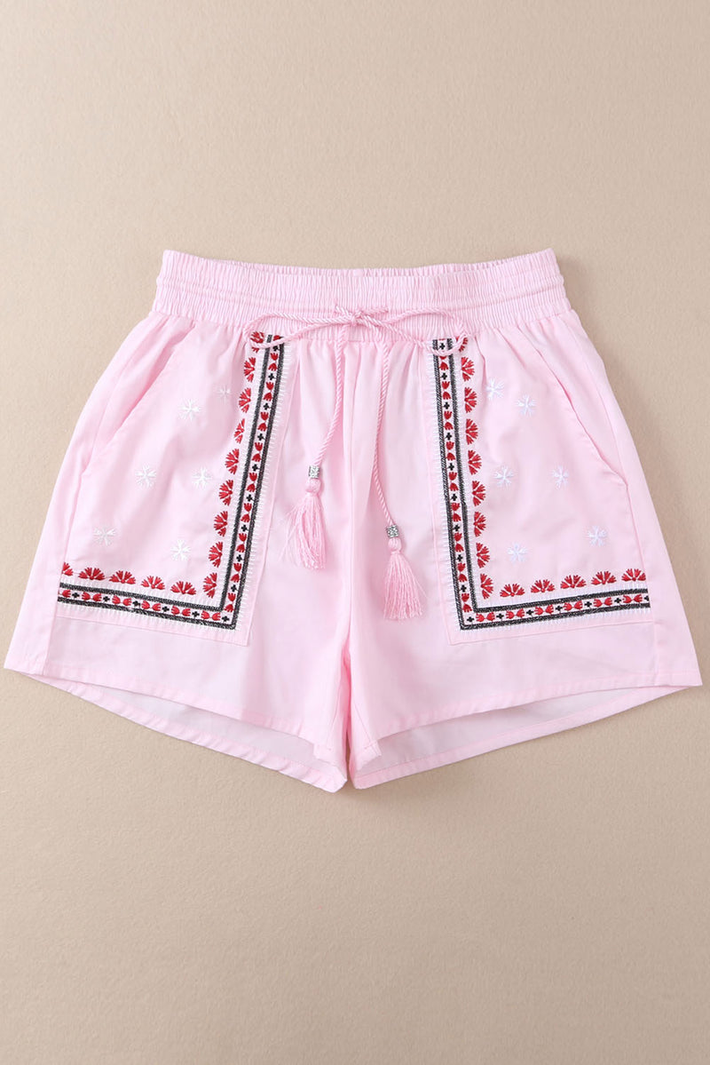 Pink Boho Embroidered Floral Tasseled Drawstring Waist Casual Shorts