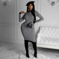 Houndstooth Print Women Long Sleeve Midi Dress Hollow Out Bodycon Sexy Streetwear 2022 Autumn Winter Club Elegant Slim