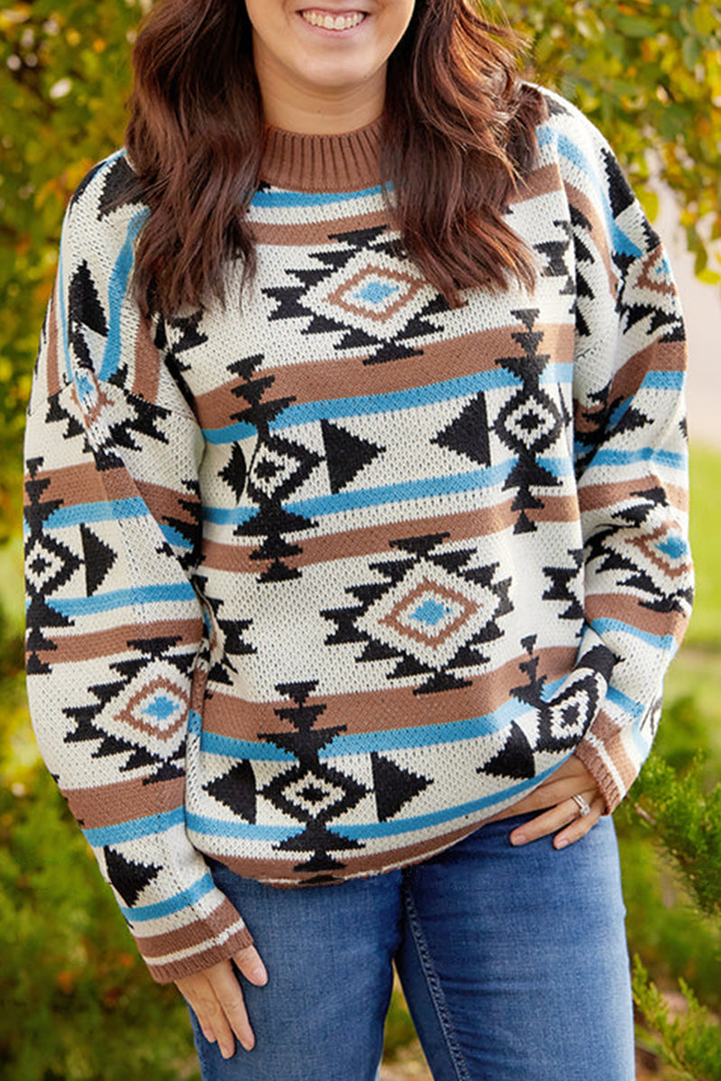 Multicolour Aztec Knit Drop Shoulder Plus Size Sweater