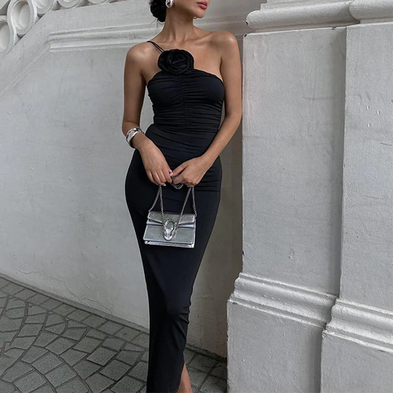 Xeemilo Elegant Sleeveless Slim Black Dress Aesthetic Oblique Strap Backless Prom Dresses French Retro Evening Party Skinny Robe