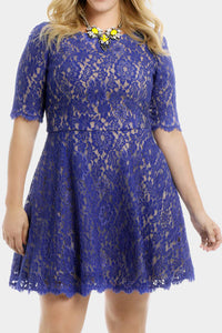 Blue Floral Lace Nude Illusion Plus Size Skater Dress