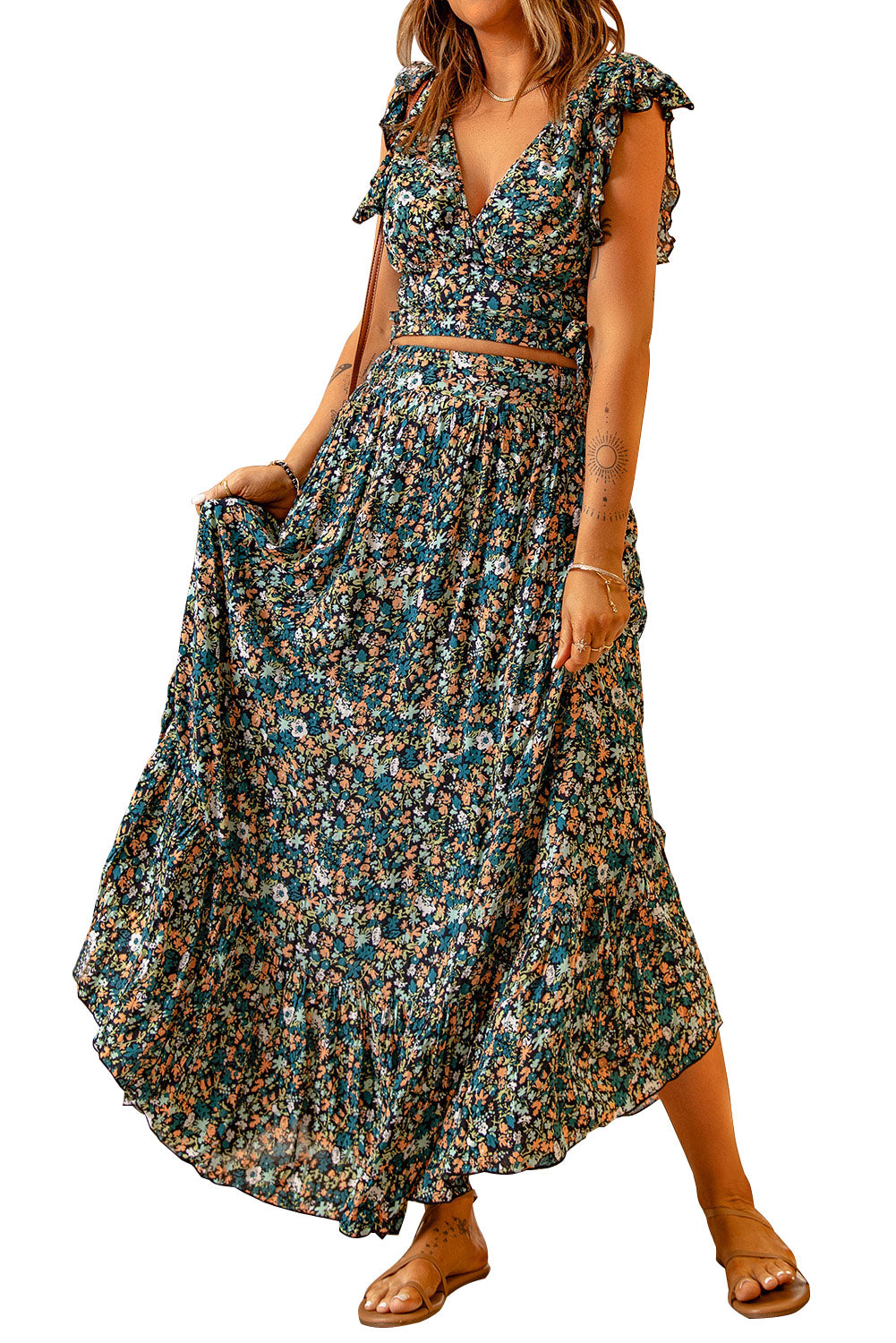 Women's Floral Ruffled Crop Top and Maxi Skirt Set for Fashionable and Fresh Style