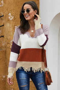 Gray Colorblock Distressed Sweater