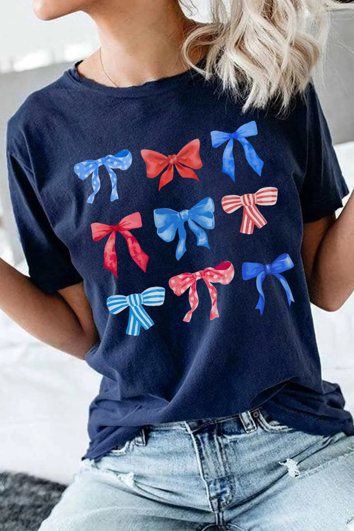 Blue Diverse Bowknot Print Independent Day Graphic Tee