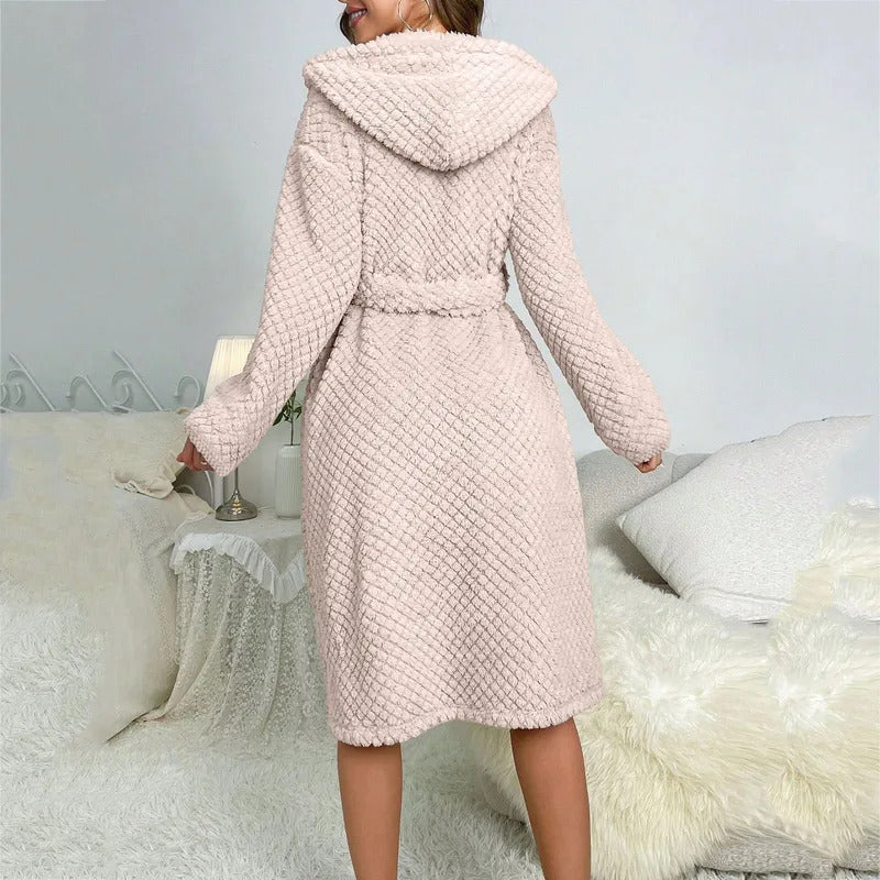 2024 Autumn Plush Hooded Robe Bathrobe Women Winter Thicken Soft Nightgown Robes Female Large Home Dressing Gowns Pajamas