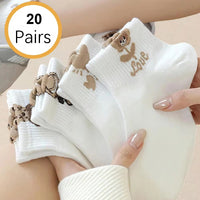 5/10/20 Pairs Women Cartoon Teddy Bear Patterned Ankle Socks Versatile Fashionable Creative Breathable Comfortable Casual Socks