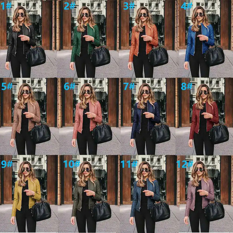 2024 European And American Autumn And Winter Women's Solid Color Simulated Leather Jacket PU Fashion Leather Jacket For Women