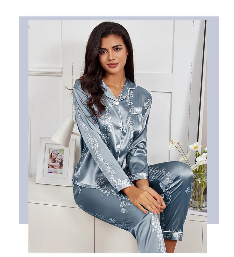 Pajamas Set Long Sleeve Sleepwear Women Button Down Nightwear Pj Sets Print Shirt with Trouser Loungewear Female Pyjamas Suits