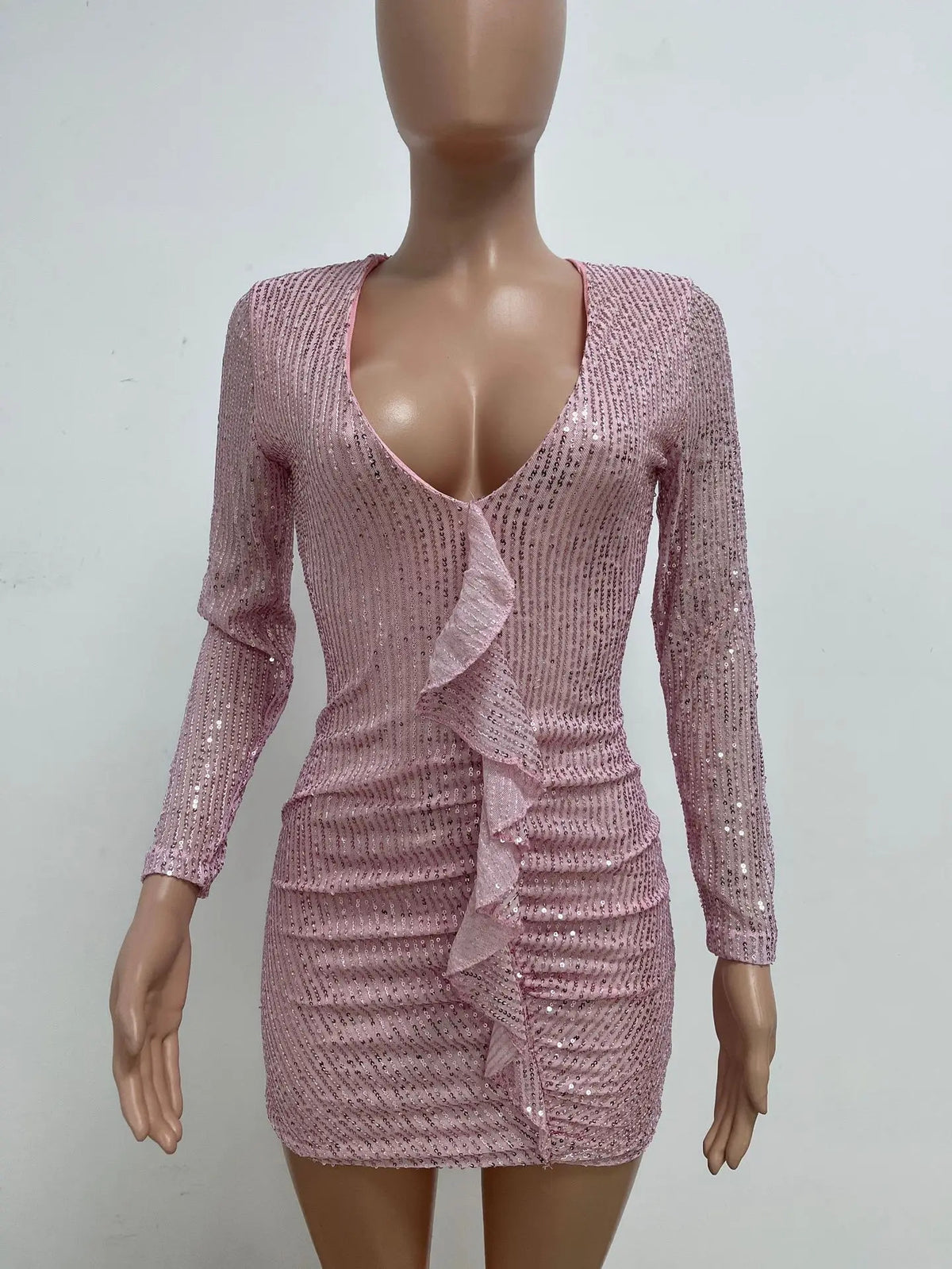 Women Deep V Sequin Dresses Ruffled Wrap Hip Fashion Long Sleeved Elegant Party Cocktail Dress Sexy Evening Prom Dresses Xiny11