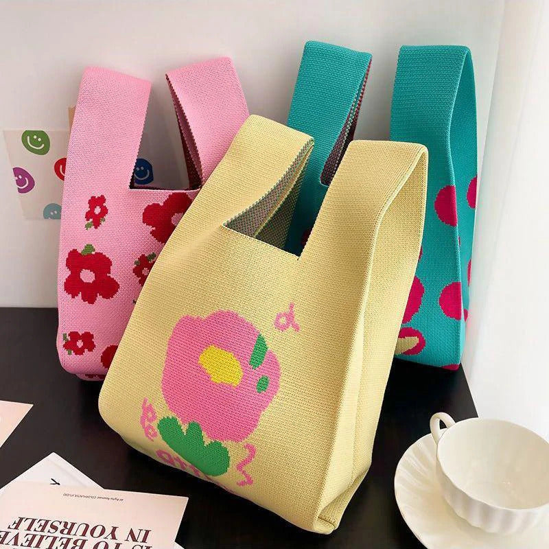 Women Mini Knot Wrist Bag Fashion Handmade Knit Handbags Korean Casual Tote Bag Reusable Shopping Bags