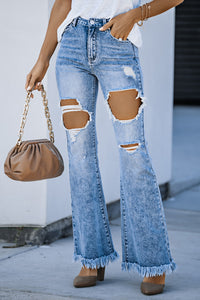 Sky Blue Distressed Damage Holes Raw Flare Leg Jeans