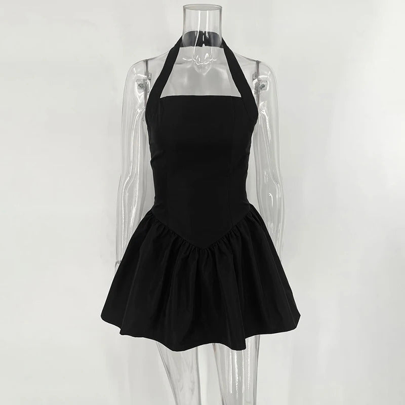 TARUXY Frill Mini Halter Dress For Women Splice Sexy Backless A-Line Hem Lace Up High Waisted Female Beach Black Bodycon Dress