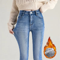 Women Thermal Skinny Jeans Mom Winter Warm Plush Stretch Jeans Lady Fleece Snow Denim Pants Student Pencil Straight Leg Trousers