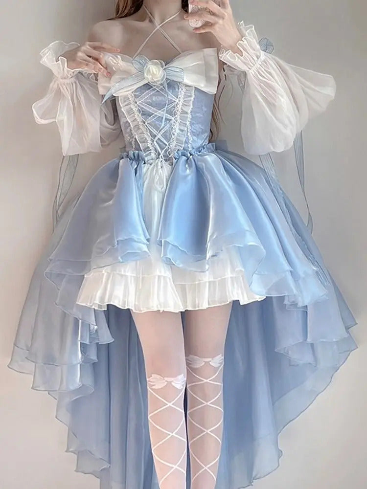 French Romantic Style Lolita Op Elegant Girl Cosplay Princess Puff Sleeve Ribbon Bowknot Flower Tunic Mesh Fantastic Fairy Dress