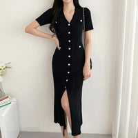 Summer Midi Dress Women Knitted Black Bodycon Korea Style Ruffle Ladies Dresses Elegant Fashion Casual Woman Dress 2024