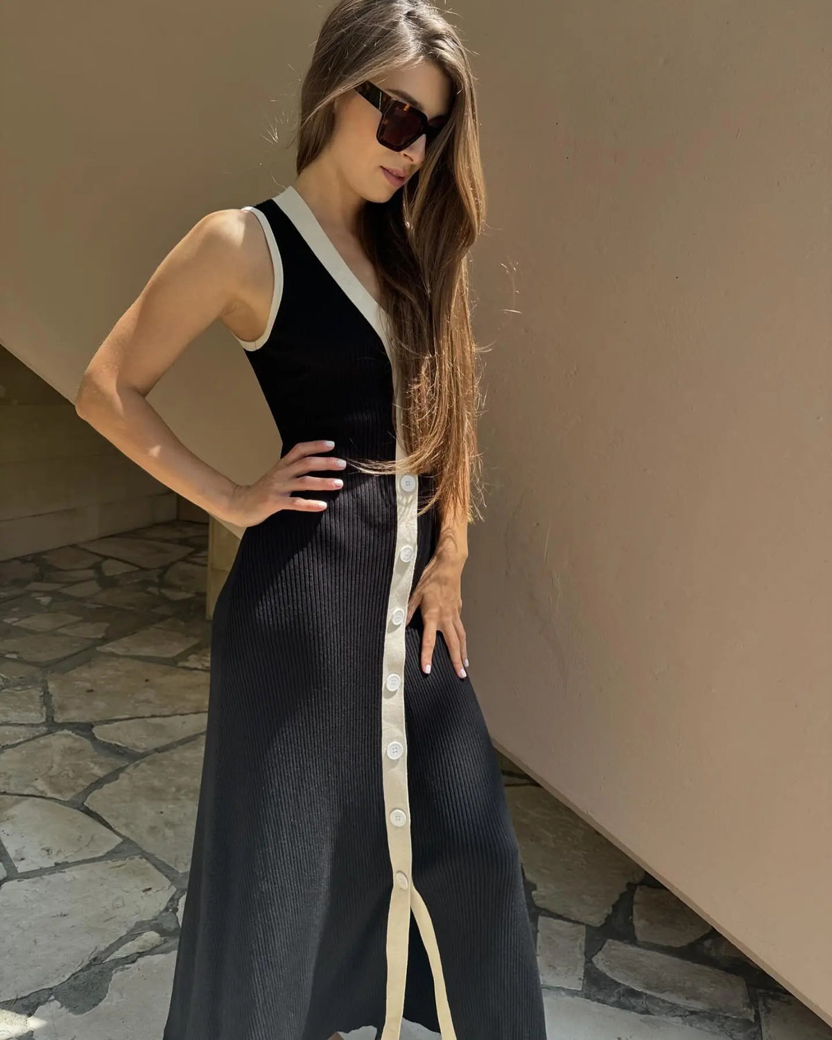 Tossy Knit Cardigan Maxi Dress Women's Summer V-Neck Contrast Sleeveless Ribbed Fashion Elegant Dress Female Knitwear Long Dress