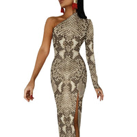 Snakeskin Bodycon Dress Summer Greys and Silvers Retro High Slit Long Dresses Long Sleeve Graphic Aesthetic Dress