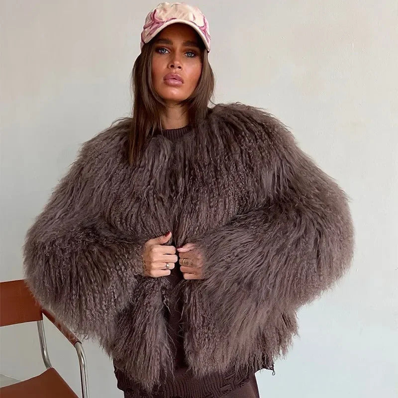 Burgundy Fluffy Faux Fur Warm Short Coat Lady Elegant Round Neck Long Sleeve Cardigan Jacket 2024 Women Winter Street Outerwear