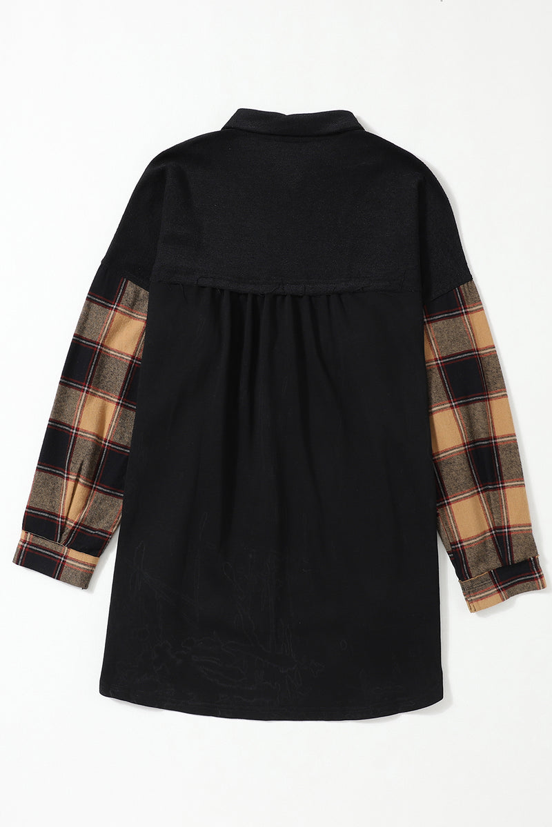 Black Plaid Patchwork Chest Pockets Oversized Shirt Jacket