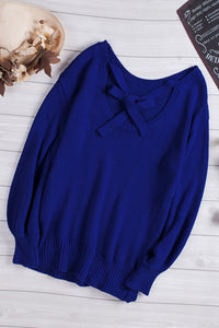 Blue Drop Shoulder Back Cut-out Sweater with Tie