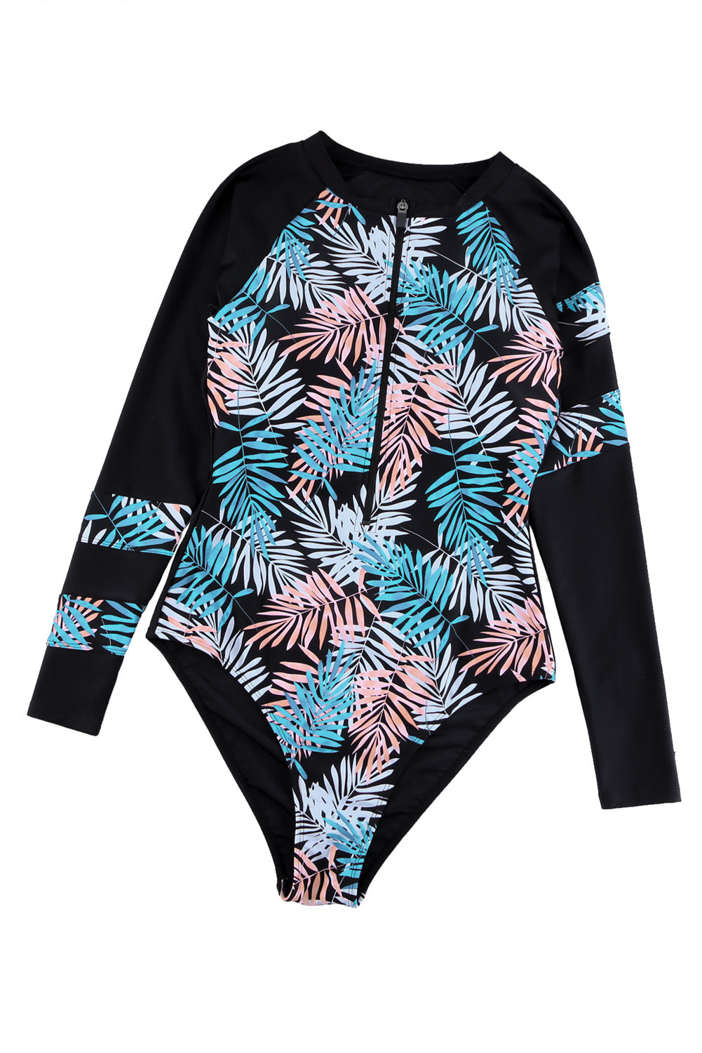 Leaves Print Zip-up Long Sleeve Surf Rash Guard Swimwear