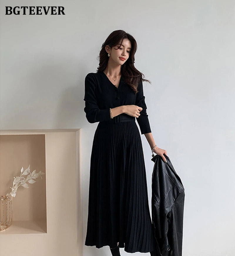 BGTEEVER Elegant V-neck Single-breasted Women Thicken Sweater Dress 2021 Autumn Winter Knitted Belted Female A-line soft dresses