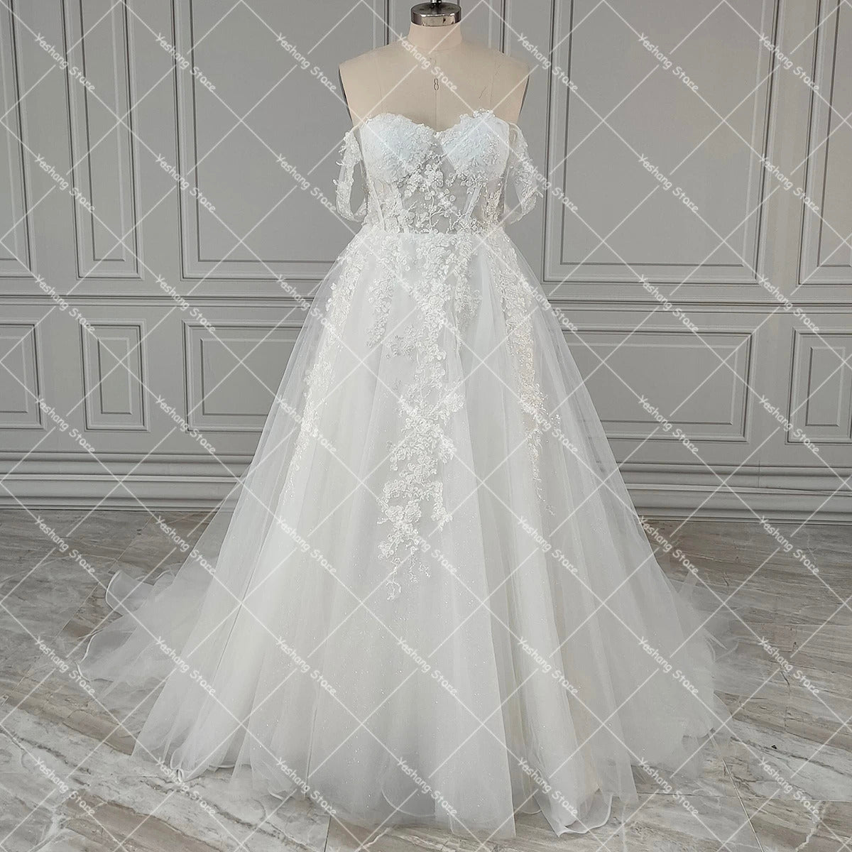 Luxe Shimmer Tulle Off Shoulder Wedding Dress with Embroidered 3D Flowers Sweetheart Puffy Lace Up Customized Bridal Gowns