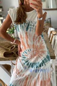 Women's Cap Sleeve Tie Dye Long Slit Summer Dress