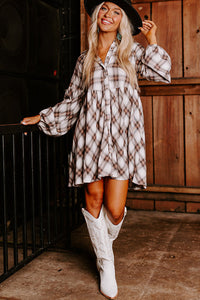 White Plaid Bubble Sleeve Flowy Shirt Dress